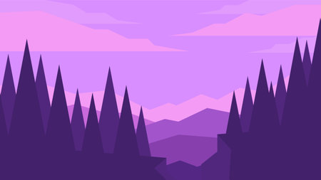 Beautiful purple natural landscape. Dense forest and mountains against a sunset sky background.のイラスト素材