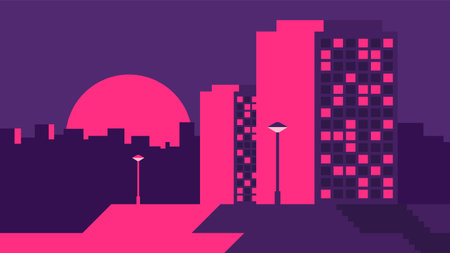 Beautiful evening residential area with luminous windows on sunset background. night city street scene.のイラスト素材