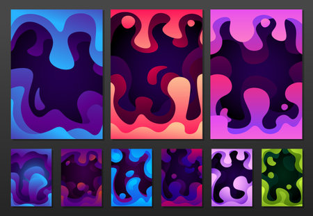 Set of abstract colorful backgrounds for A4 poster. A variety of drips and flowing drops in pink,...
