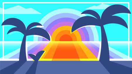 Bright retro groove illustration. Sea coast at rainbow sunset background in 80s style.