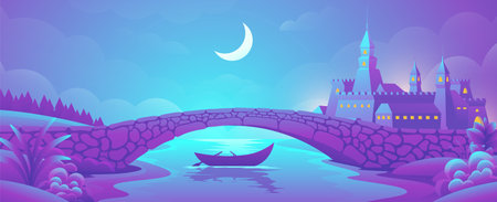 Night Medieval Horizontal Landscape. Romantic scene of boat under stone bridge on castle background.のイラスト素材