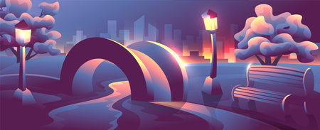 Evening empty city park. Bench and footbridge across the river view.のイラスト素材