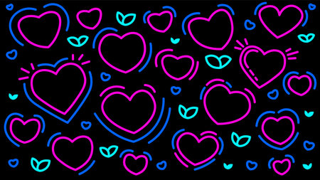 Group of pink neon hearts illustration on a black background. Outline romantic scene.
