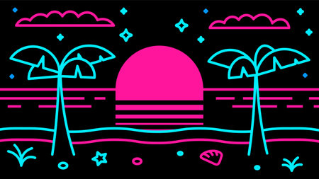 Neon retro sunset over the ocean with palm trees. Outline arcade 80s style game.のイラスト素材