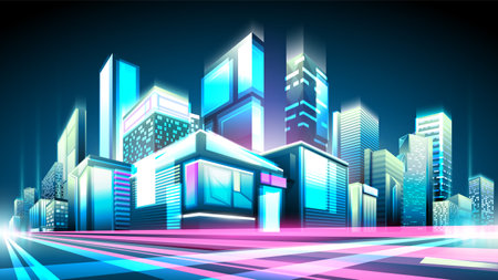 Vector gradient shining night street with shops and office buildings.のイラスト素材