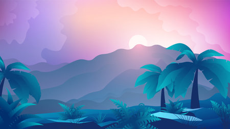 Horizontal colorful tropical landscape. Green palms and tropical mountains on sunset sky background.のイラスト素材