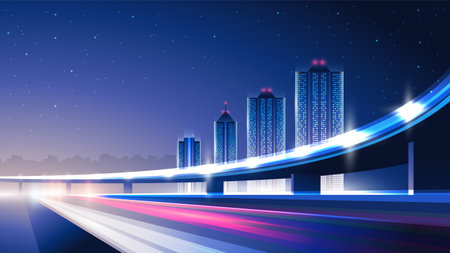 Vector gradient illustration of highway on city background.のイラスト素材