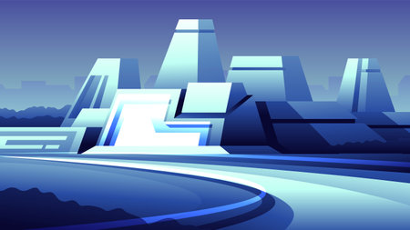 Futuristic modern geometric city buildings. Night empty street with road and houses.のイラスト素材