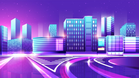 Vector neon colorful gradient illustration of night avenue. Empty city place with no people or cars.のイラスト素材