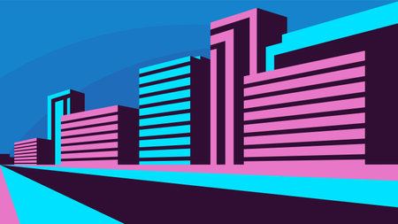 Modern street with pink office buildings. Flat minimalistic horizontal illustration city life.のイラスト素材