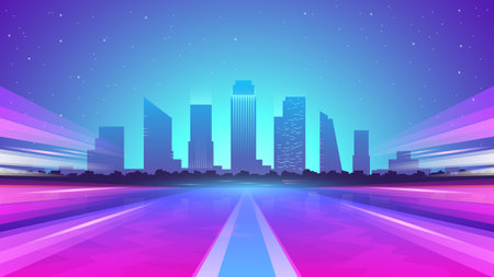 Vector gradient illustration of night road in motion on the background of the night city.のイラスト素材