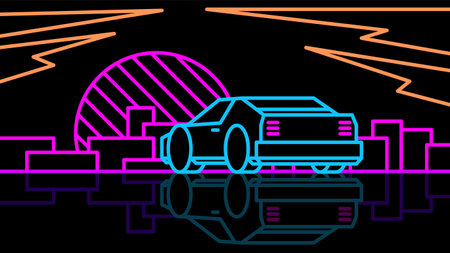 Neon supercar stands on the night city in 80s style. Outline retro sunset on cityscape on black...