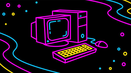 Retro gaming illustration on black background. Neon pink old computer with mouse and keyboard isolated.のイラスト素材