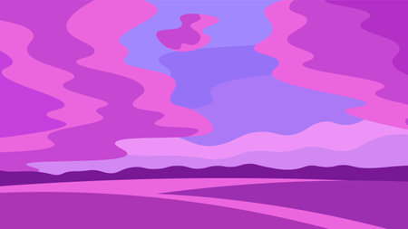Evening hills on beautiful pink sky with clouds background. Horizontal rural landscape illustration.のイラスト素材