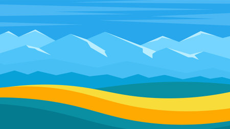 Abstract yellow wavy hills against a blue mountain background. Horizontal summer flat landscape.のイラスト素材