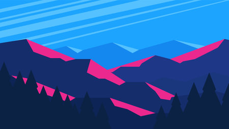 Row of silhouettes of mountains covered with evening sunny sunset glare on a bright blue sky background.のイラスト素材