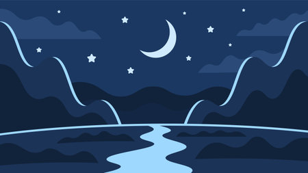 Beautiful night illustration of place between high mountains on shining moon background. Mysterious horizontal dark landscape.のイラスト素材