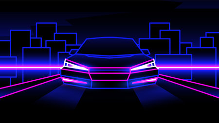 Neon laser car rides through the city. Retro gaming 80s style illustration. Nightlife metropolis on black background.のイラスト素材