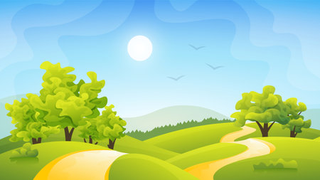 Vector color gradient illustration of daytime city park on the hills with paths.のイラスト素材