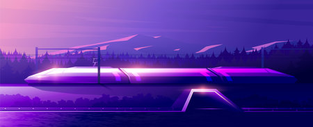 Modern train rides through rural landscape. Horizontal evening illustration of futuristic public transport.のイラスト素材