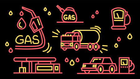 Neon gas and petrol filling elements isolated on black background. Car refueling, petrol stations, oil fuel.のイラスト素材