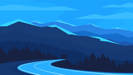 Dark abstract illustration of a road entering a tunnel in the mountains. Night time horizontal minimalistic illustration.のイラスト素材