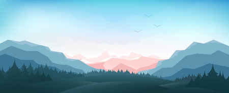 Vector color gradient widescreen illustration. View of the mountains and hills.のイラスト素材