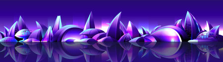 Horizontal futuristic landscape of the future. Modern unusual forms of the building of night city.のイラスト素材