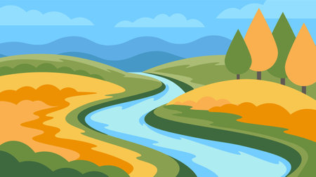 Blue river flows through fields and plants landscape. Autumn warm horizontal outdoor recreation illustration.のイラスト素材