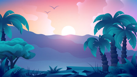 Horizontal colorful tropical landscape. Green palms and tropical mountains on sunset sky background.のイラスト素材
