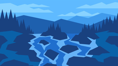 Flowing river on rocky terrain on mountains and forest background. Mysterious natural night landscape.のイラスト素材