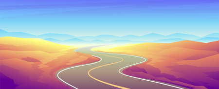 Heat colorful horizontal illustration. desert road through sandy canyon.のイラスト素材