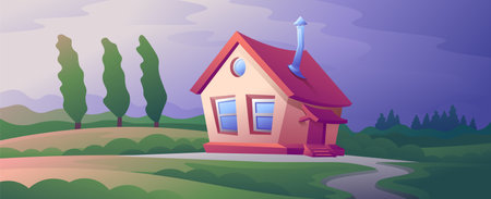 Cute country house on field on rural landscape background.のイラスト素材