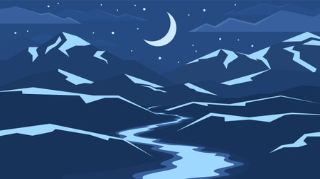 Dark landscape of night flowing river on mountain silhouette background. Mystical flat illustration.のイラスト素材
