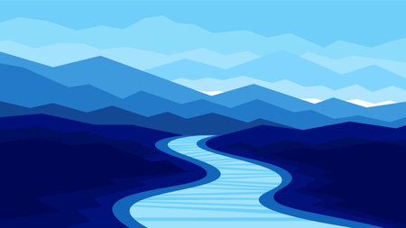 Winding river flows through dark blue hills on mountains silhouettes background. Evening landscape horizontal illustration.のイラスト素材