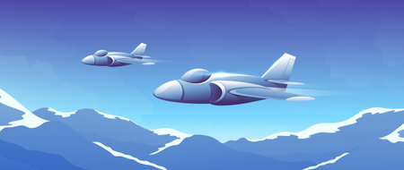 Beautiful modern fighter planes are flying in the clear sky on mountain range background.のイラスト素材