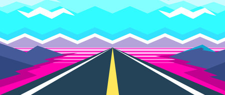 Bright wide road with markings stretches through the hills. Unusual abstract illustration of landscape on geometric mountains and sky background.のイラスト素材