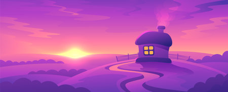 Beautiful lonely rural house. Spring horizontal illustration on sunset background.のイラスト素材