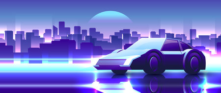 Luxury modern car stands on urban background. Night glowing neon metropolis horizontal illustration.のイラスト素材
