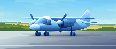 Beautiful white passenger plane stands on the runway. Realistic cartoon air transport on summer field background.のイラスト素材