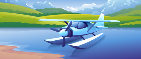 Beautiful blue hydroplane floats on the water on the island and the majestic mountains background.のイラスト素材