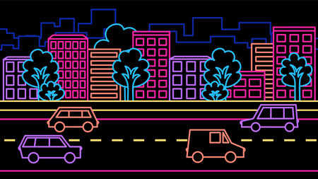 Neon vintage illustration of cityscape in 80s gaming style. Cartoon simple outline cars is driving down the street.のイラスト素材