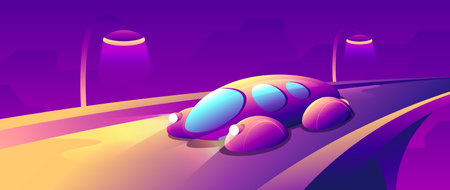 Unusual futuristic car drives along an empty highway. Night autocad on the bridge. Horizontal gradient illustration future scene.のイラスト素材
