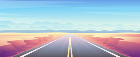 Desert empty automobile road through sandy canyon. Heat colorful horizontal illustration.のイラスト素材