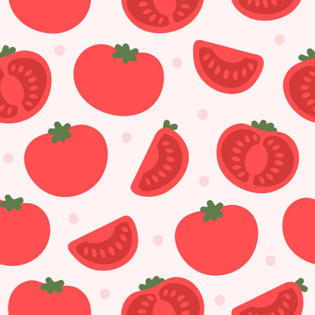 Red tomato in flat style. Seamless vegetable pattern on pink background.のイラスト素材
