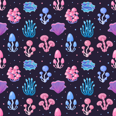 Seamless pattern of mystical mushrooms on dark background.のイラスト素材