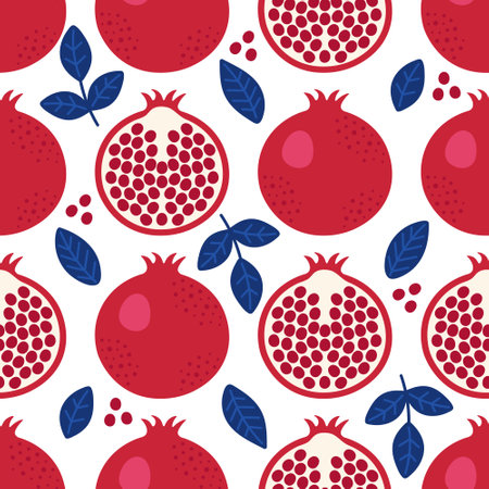Summer stylized pomegranate on white background. Seamless pattern of modern botanical fruit.のイラスト素材