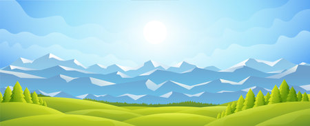 Vector colorful gradient widescreen landscape illustration. hills and mountains view.のイラスト素材