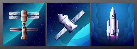 Set of space banners with images of the station, shuttle and spaceship on a dark color backgroundのイラスト素材