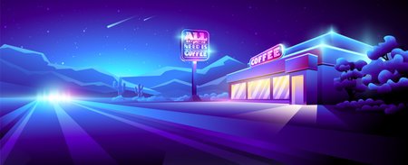 Vector illustration of night roadside cafe with neon signs.のイラスト素材